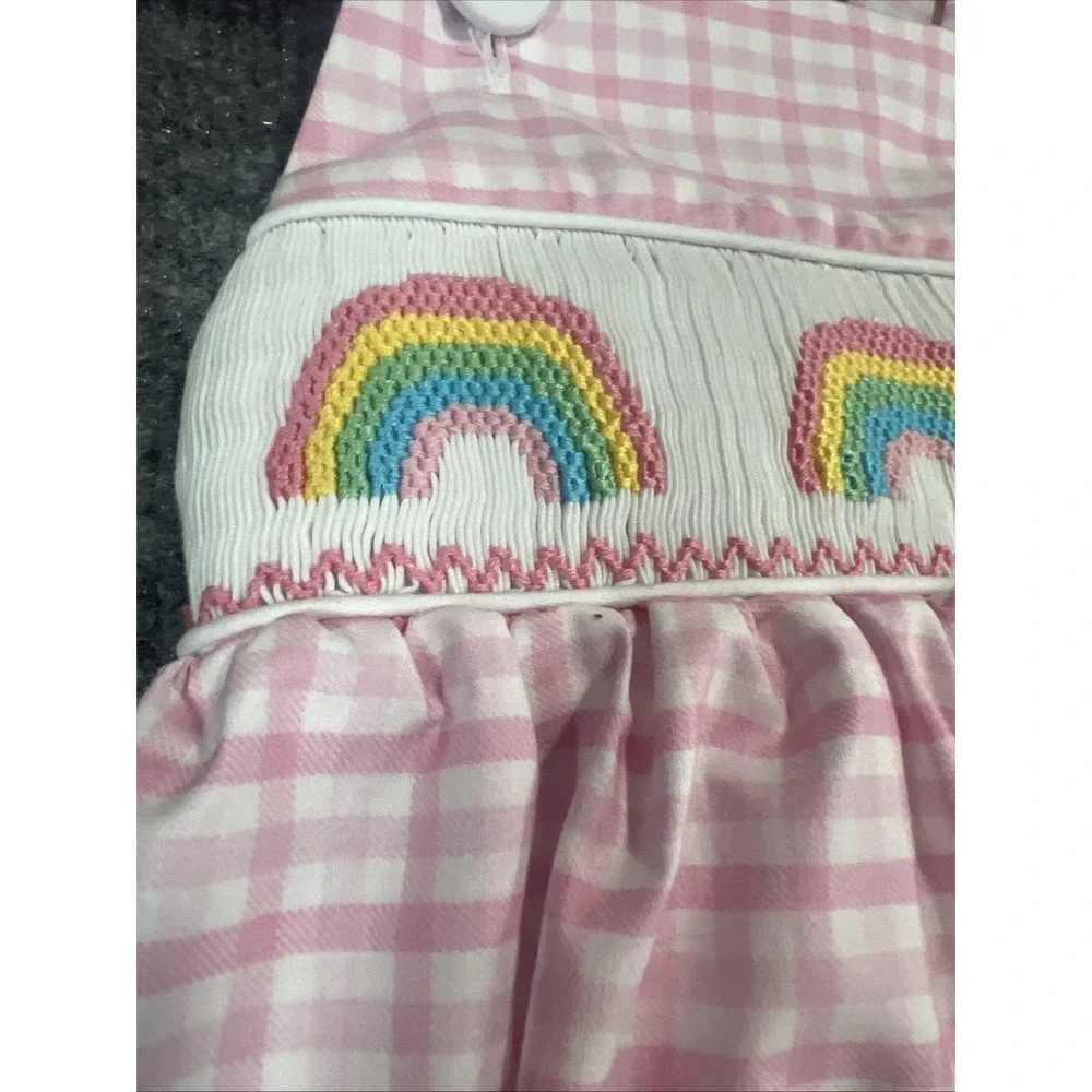Classic Whimsy Pink Gingham Smocked Rainbow Bubble Romper - Size 6M
